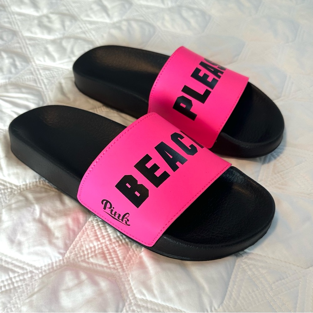 Victoria’s Secret PINK “Beach Please” Slide Sandals Size L (9/10) Pink Black New